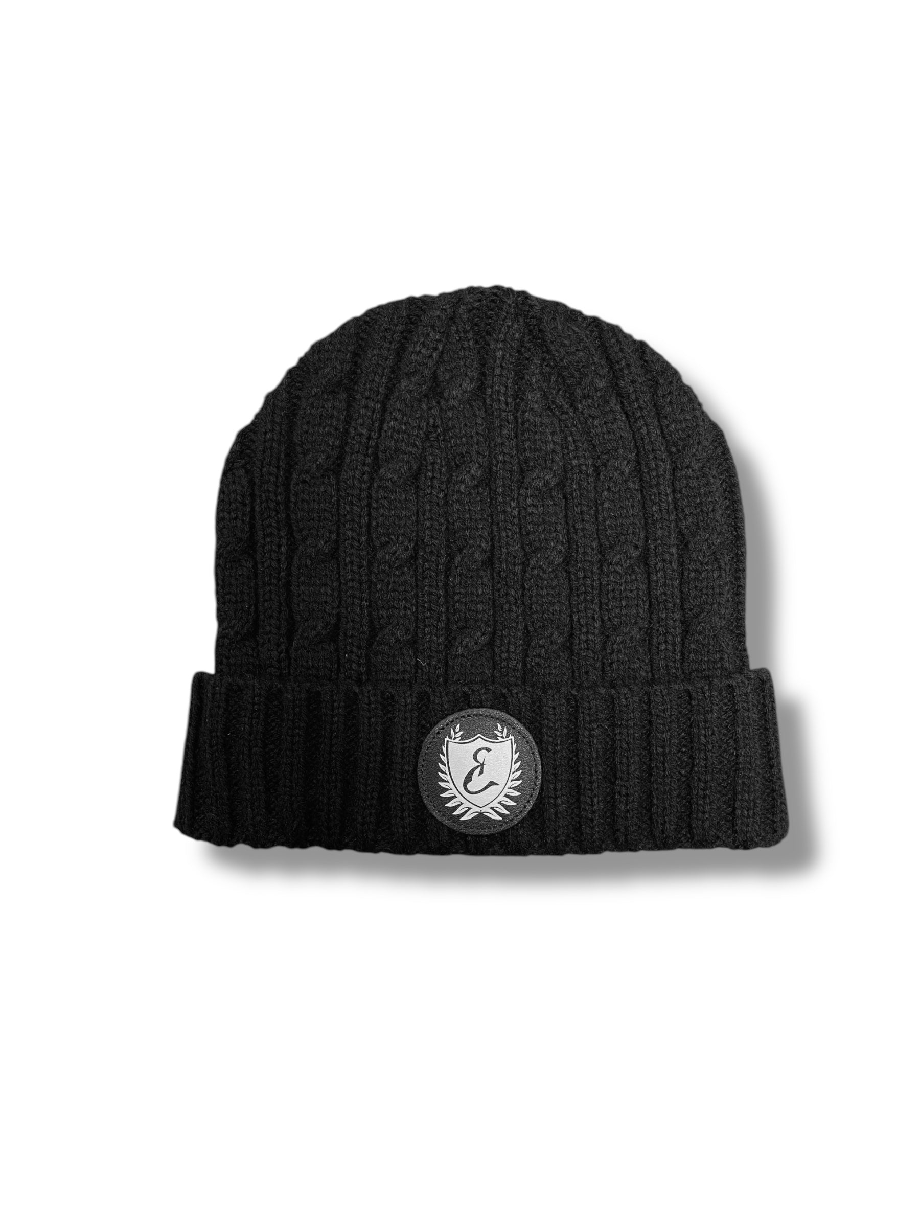 Ethicrace Leather Patch Cable Knit Beanie (Black)