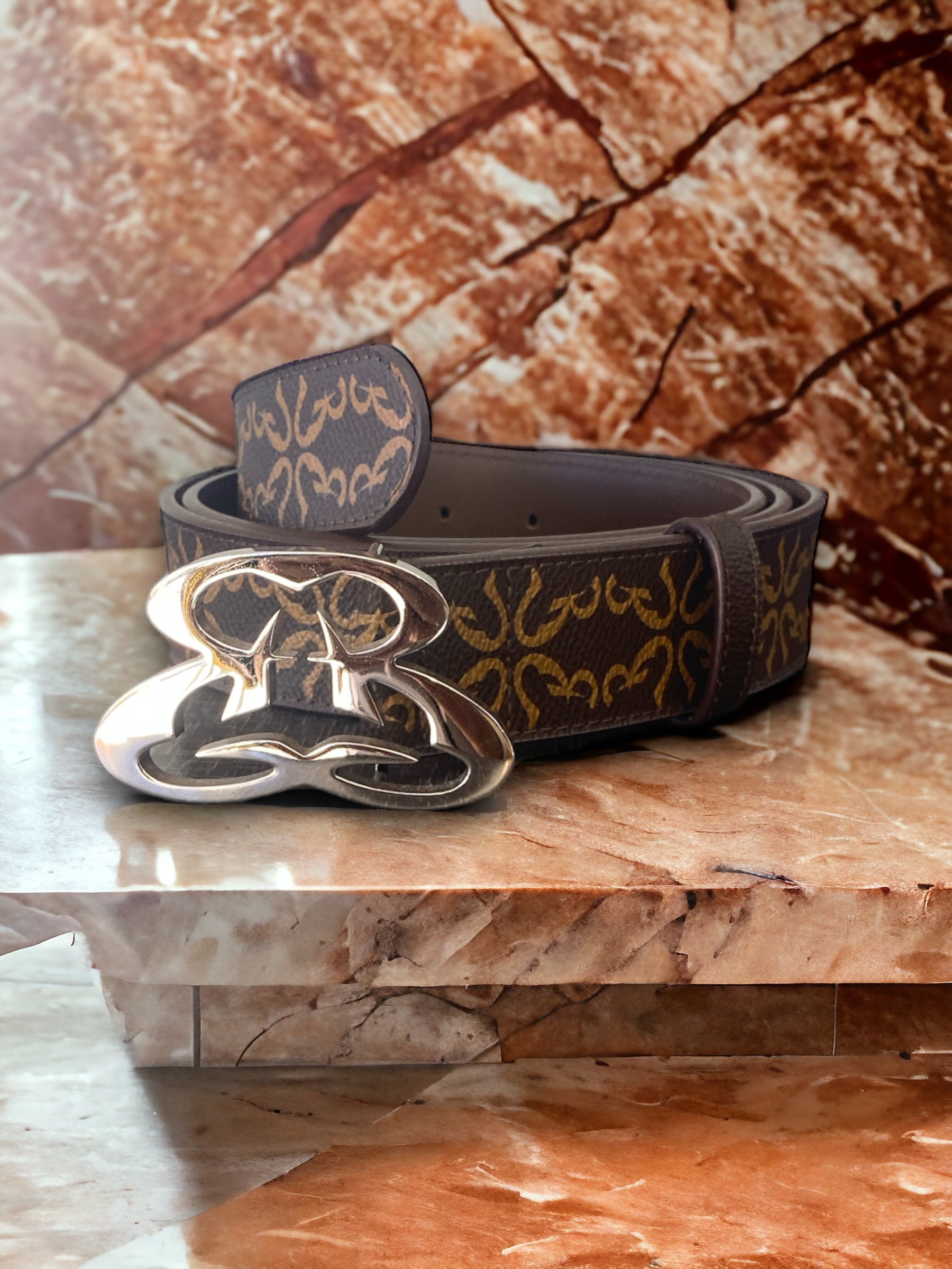 Ethicrace E Pattern Platinum Leather Belt (Brown)