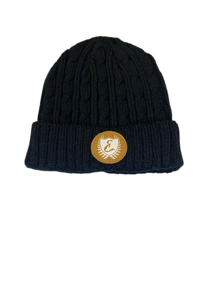 Ethicrace Leather Patch Cable Knit Beanie (Black)